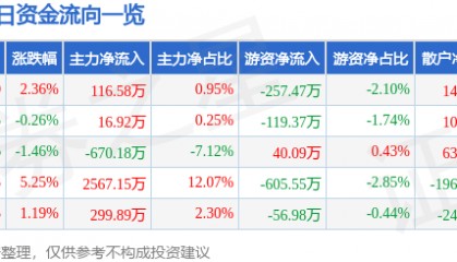 股票行情快报:祥龙电业(600769)8月22日主力资金净买入116.58万元