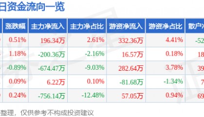 股票行情快报:美邦股份(605033)8月11日主力资金净买入196.34万元
