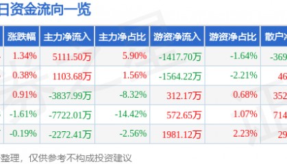 股票行情快报:闻泰科技(600745)8月13日主力资金净买入5111.50万元