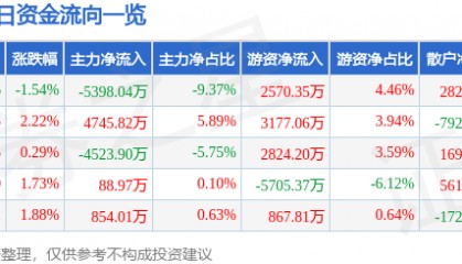 股票行情快报:恒力石化(600346)8月27日主力资金净卖出5398.04万元