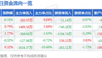 股票行情快报:旗滨集团(601636)8月26日主力资金净买入102.55万元