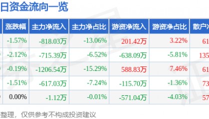 股票行情快报:ST任子行(300311)9月3日主力资金净卖出818.03万元