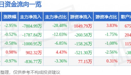 股票行情快报:四川九洲(000801)6月19日主力资金净卖出7804.99万元