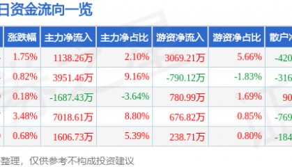 股票行情快报:恒力石化(600346)10月9日主力资金净买入1138.26万元