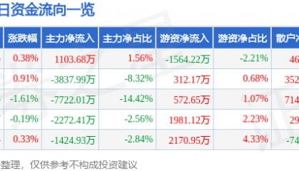 股票行情快报:闻泰科技(600745)8月12日主力资金净买入1103.68万元
