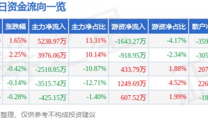 股票行情快报:旗滨集团(601636)10月15日主力资金净买入5238.97万元