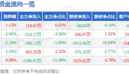 股票行情快报:新洋丰(000902)9月4日主力资金净买入110.63万元