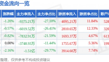 股票行情快报:老百姓(603883)7月15日主力资金净卖出9375.21万元