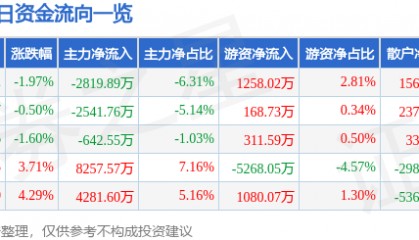 股票行情快报:四川九洲(000801)8月21日主力资金净卖出2819.89万元