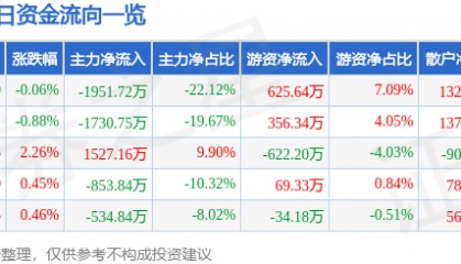 股票行情快报：东方嘉盛（002889）1月9日主力资金净卖出1951.72万元