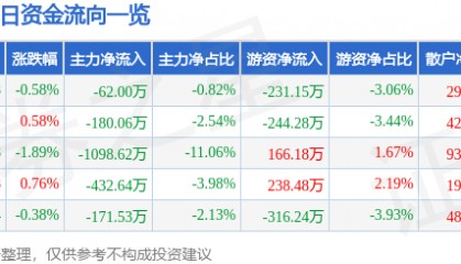 股票行情快报:ST任子行(300311)8月12日主力资金净卖出62.00万元