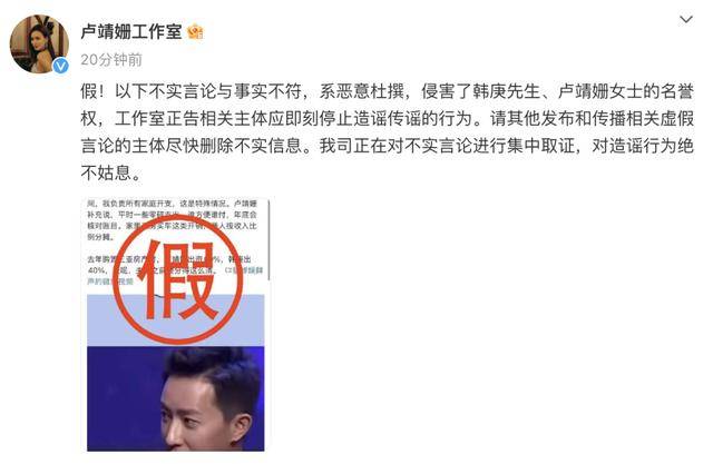 演员韩庚、卢靖姗夫妇发声明！否认网传“买房买车两人按收入分摊”“购置房产女方出资60%男方出40%”