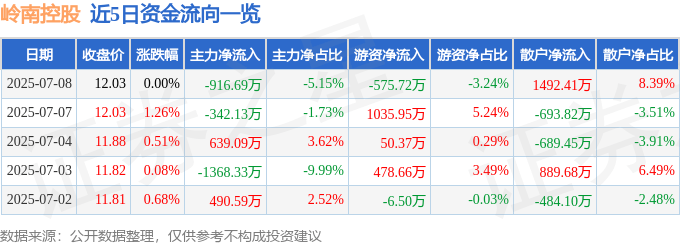 股票行情快报：岭南控股（000524）7月8日主力资金净卖出916.69万元