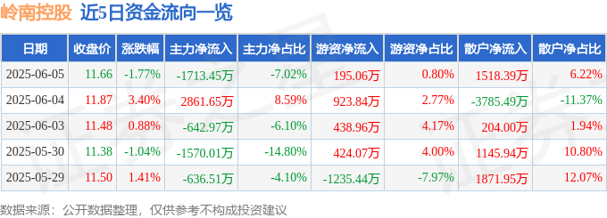股票行情快报：岭南控股（000524）6月5日主力资金净卖出1713.45万元