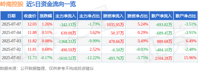 股票行情快报：岭南控股（000524）7月7日主力资金净卖出342.13万元