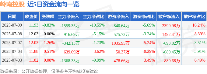 股票行情快报：岭南控股（000524）7月9日主力资金净卖出1559.35万元