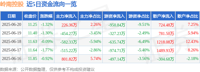 股票行情快报：岭南控股（000524）6月20日主力资金净买入226.36万元