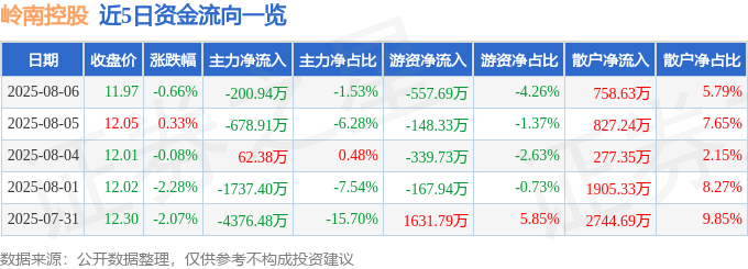股票行情快报：岭南控股（000524）8月6日主力资金净卖出200.94万元
