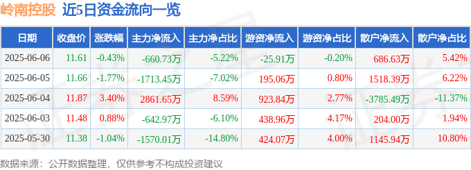 股票行情快报：岭南控股（000524）6月6日主力资金净卖出660.73万元