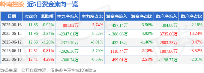 股票行情快报：岭南控股（000524）6月16日主力资金净买入801.82万元