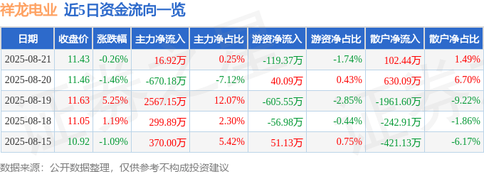 股票行情快报：祥龙电业（600769）8月21日主力资金净买入16.92万元
