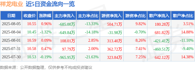 股票行情快报：祥龙电业（600769）8月5日主力资金净卖出685.00万元