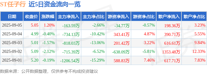 股票行情快报：ST任子行（300311）9月5日主力资金净卖出163.59万元