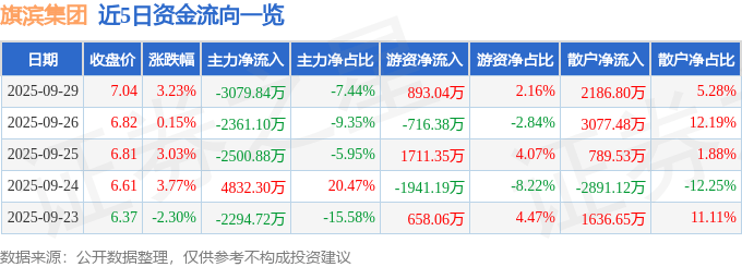 旗滨集团（601636）9月29日主力资金净卖出3079.84万元
