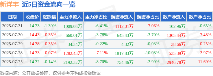 股票行情快报:新洋丰(000902)7月31日主力资金净卖出1009.05万元